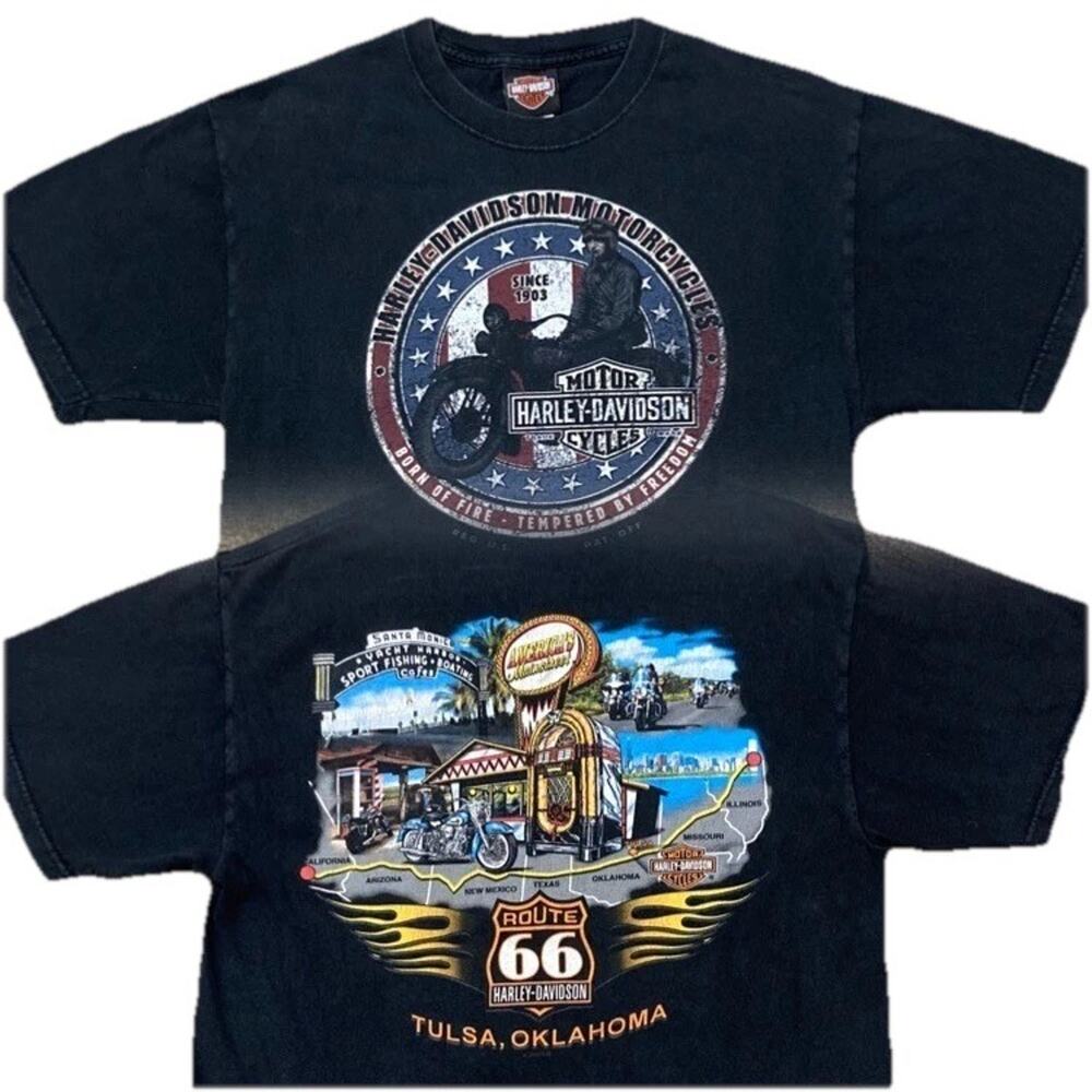 VTG Harley Davidson Shirt Route 66 Tulsa Oklahoma Front/Back Graphic Black Sz M